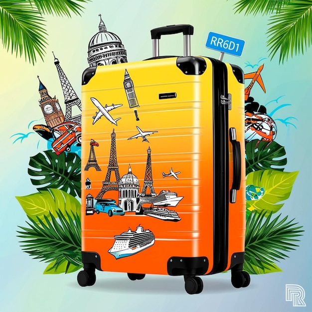 a picture of a travel case with a picture of a city in the background