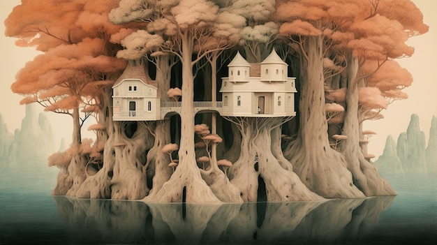 a picture of a tree home situated smack dab in the center of a lake