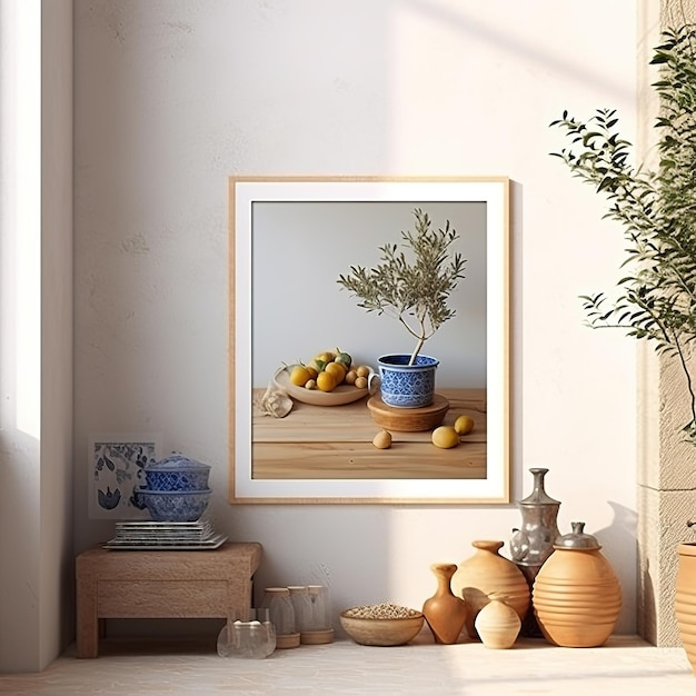 A picture of a tree and a pot with a picture of an olive tree on it.