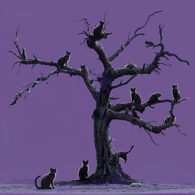 Photo a picture of a tree with cats and a cat with a purple background