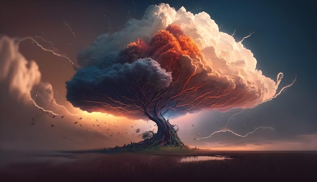 A picture of a tree with a cloud and lightning