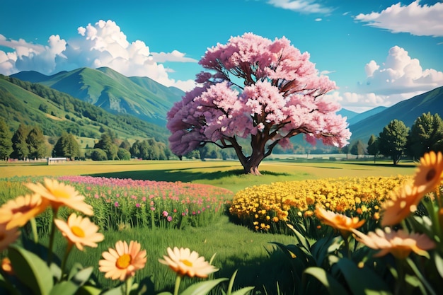 A picture of a tree with a field of flowers and a mountain in the background
