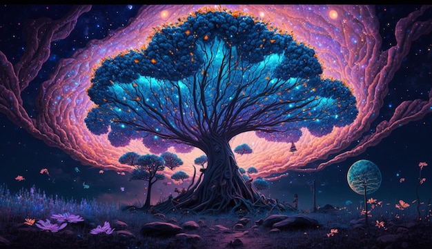 A picture of a tree with a purple sky and the words " the tree " on the bottom.