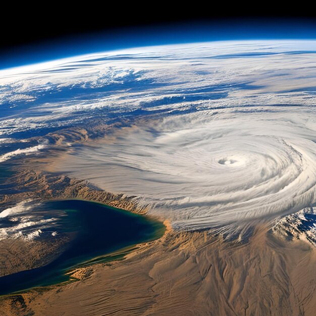 Photo a picture of a tropical cyclone from space showing the ocean and the ocean in the foreground.