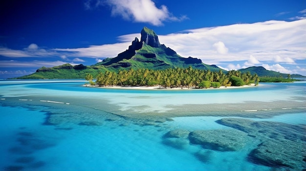 a picture of a tropical island with a beach and mountains in the background