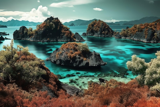 A picture of a tropical island with a blue sky and trees