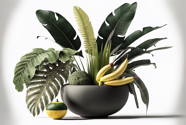 A picture of tropical plants White background with a black pot holding a banana