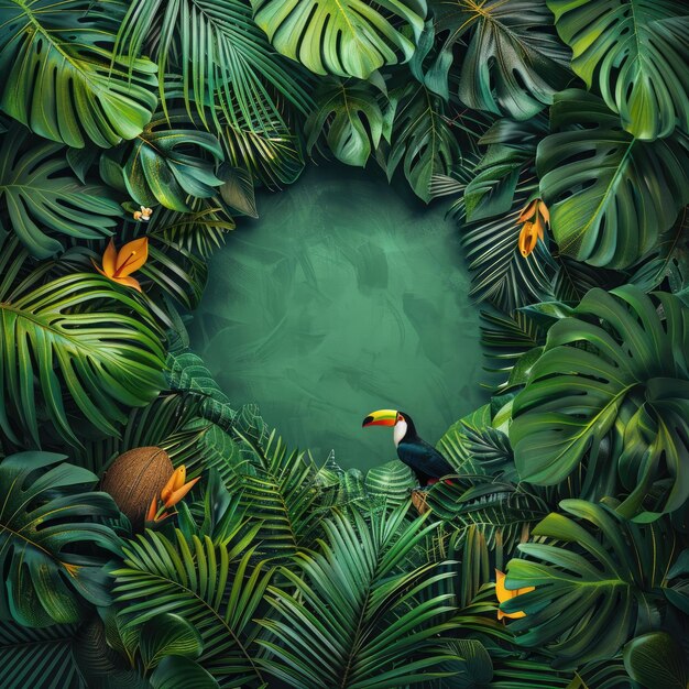 a picture of a tropical scene with a bird in the middle of the jungle