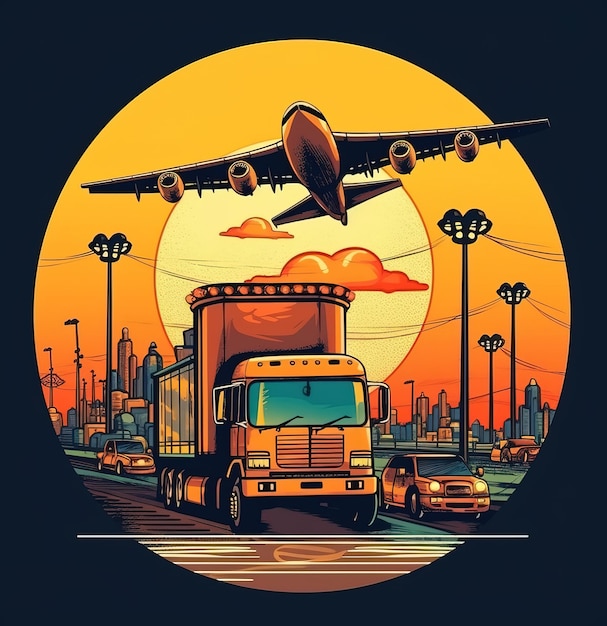 A picture of a truck with a plane flying over it