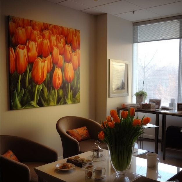 A picture of tulips is on a wall in a room with a window.