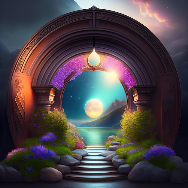 a picture of a tunnel with a moon and a mountain in the background.