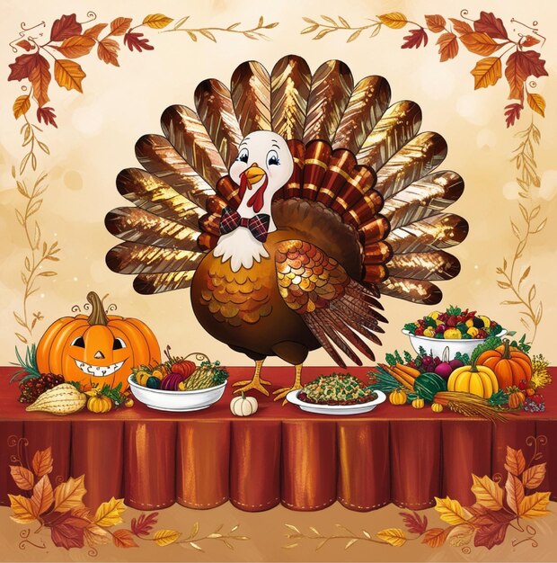 Photo a picture of a turkey with pumpkins and pumpkins on the table
