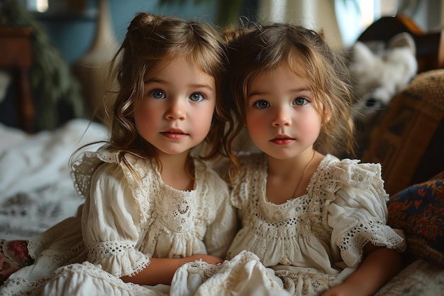 Photo picture of twins people close up portrait