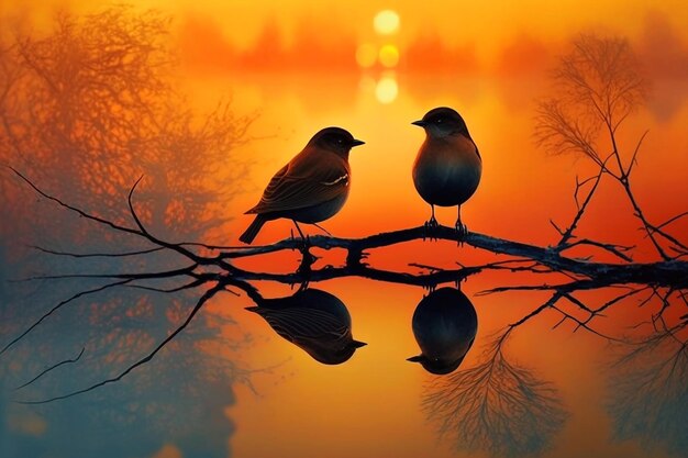 A picture of two birds on a branch with the sun setting behind them.