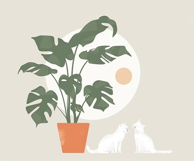 Photo a picture of two cats and a pot with a plant in it