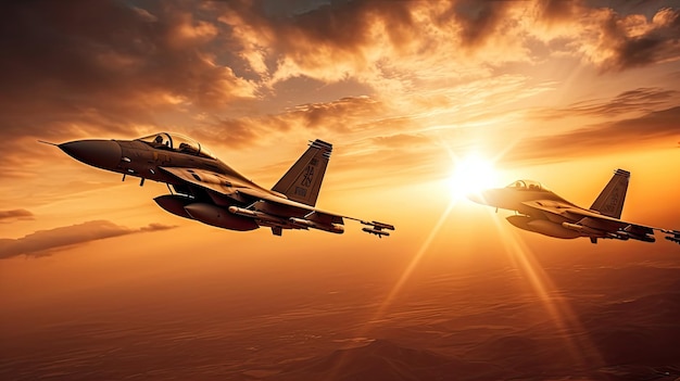 A picture of two fighter jets flying in the sky with the sun shining on them.