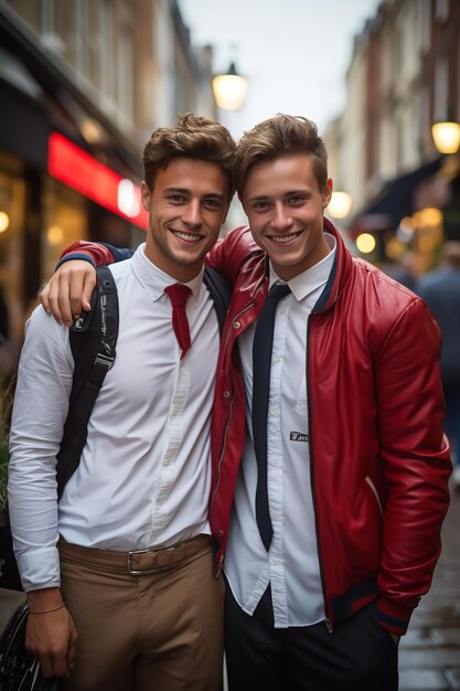 Изображение двух парней-подростков-лучших друзей на улице в школьной форме Генеративный ИИ