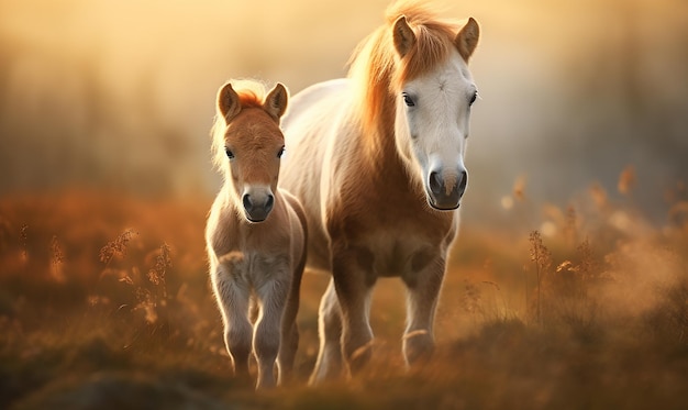 a picture of two horses in a field with the sun behind them