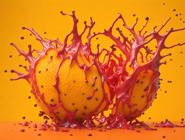 A picture of two oranges with red liquid coming out of them