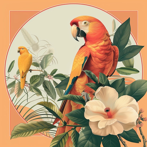 a picture of two parrotbirds and a flower