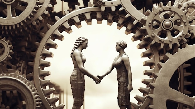 A picture of two women shaking hands with gears in the background.