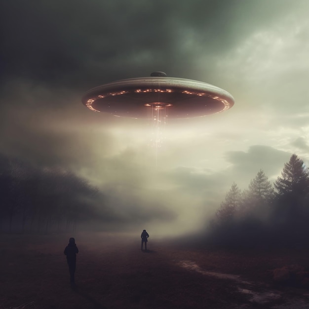 A picture of a ufo flying over a forest generative ai