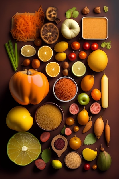 A picture of a variety of food including a pumpkin, a bowl of pumpkins, and a bowl of sauce.