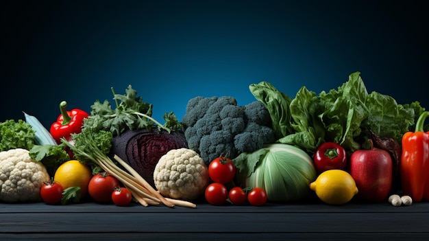 青色の背景を持つ野菜と果物の写真