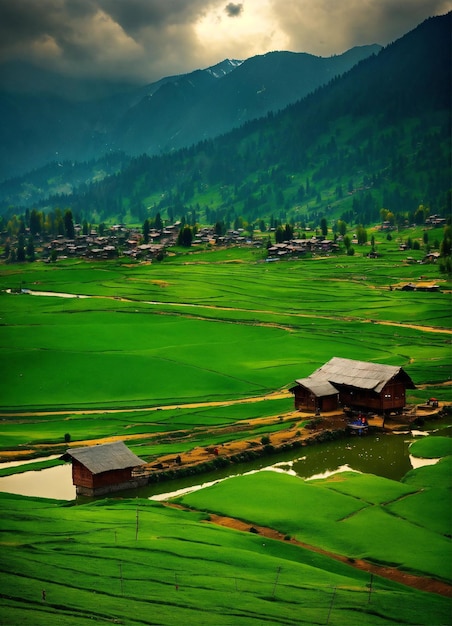 a picture of a village with a mountain in the background