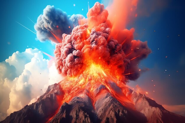 A picture of a volcano with a blue sky and smoke coming out of it
