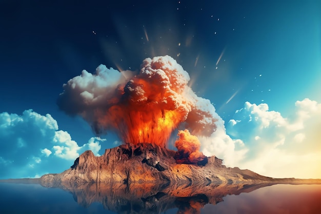 A picture of a volcano with a blue sky and smoke coming out of it