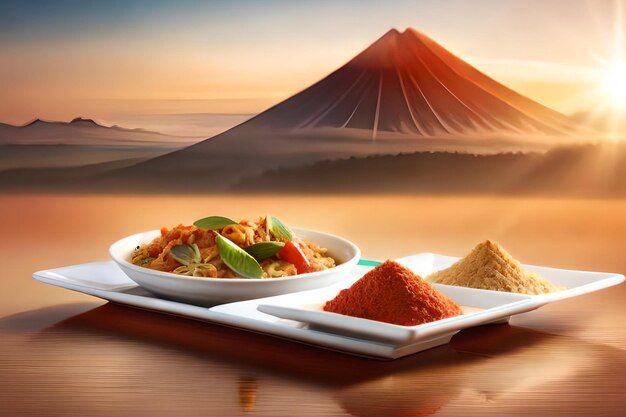 A picture of a volcano with a plate of food on it