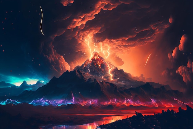 A picture of a volcano with a red and blue sky and lightning