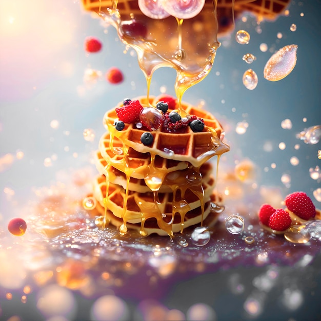 A picture of a waffle with berries and syrup