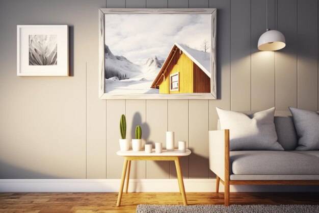 A picture on a wall shows a snowy scene.