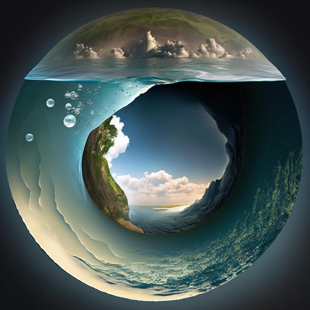 A picture of a water and ocean with a blue circle and a green island.