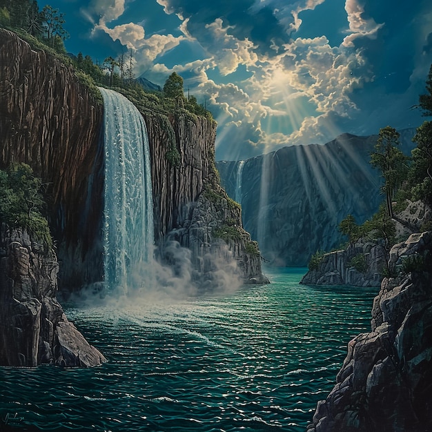 a picture of a waterfall that is from the movie  the waterfall is framed by the sun