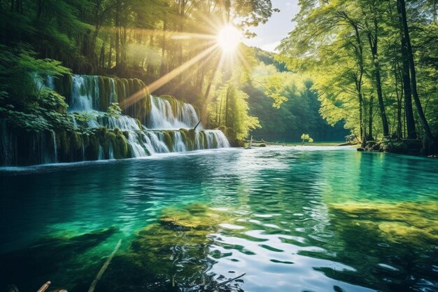 a picture of a waterfall with the sun shining through the trees