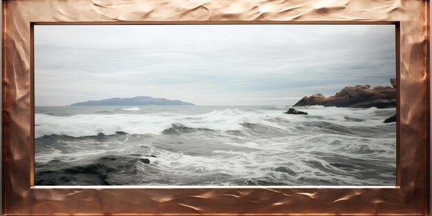 a picture of a wave and the ocean in a frame.