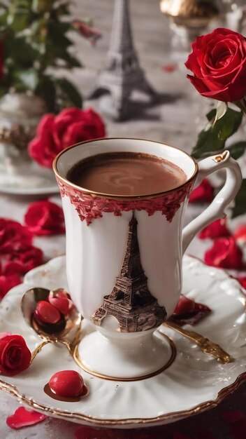 Picture of white cup with morning tea in valentine day grunge background red fresh rose chocolate ca