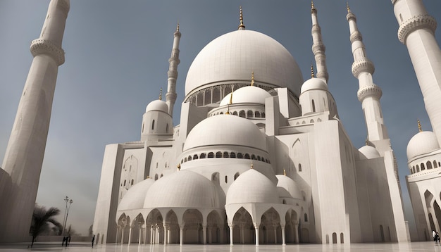 a picture of a white mosque with a blue sky in the background