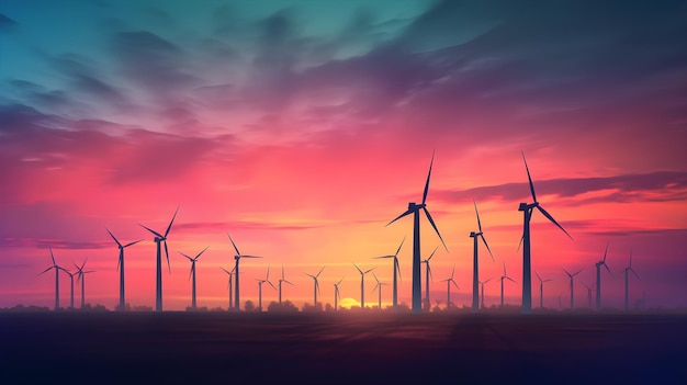 A picture of a wind farm with a sunset in the background.