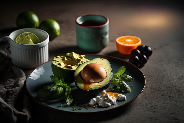 picture with the avocado egg lime and mint leaf in selective focus