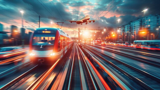 Photo a picture with a plane in the air a train and a car modes of transportation ar 169 style raw stylize