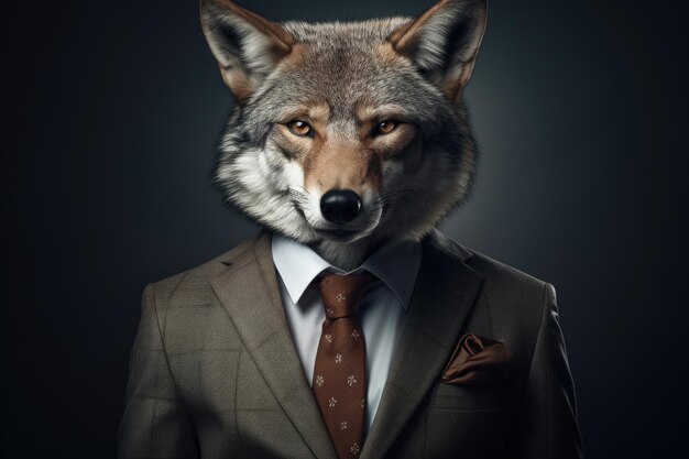 Photo a picture of a wolf dressed in a suit and tie exuding confidence and professionalism perfect for corporate and businessthemed projects