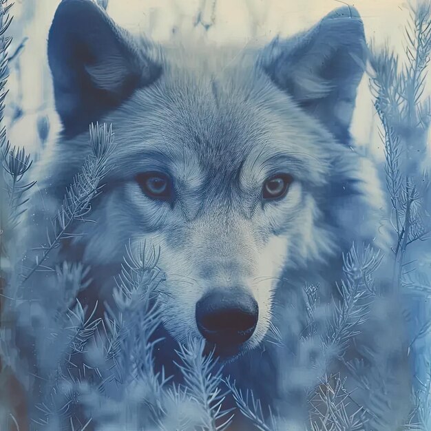 A picture of a wolf with blue eyes