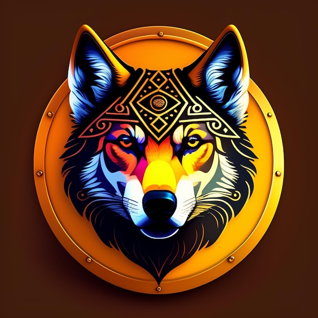 A picture of a wolf with a gold circle on the front.