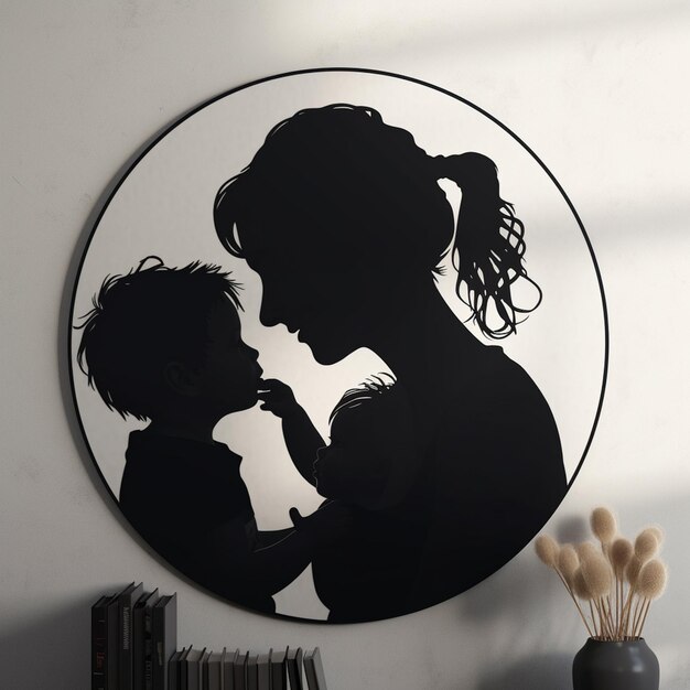 A picture of a woman and a baby with a circle on the wall.