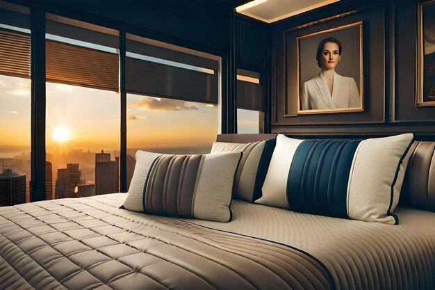 Photo a picture of a woman on a bed in a bedroom with a sunset over the city.