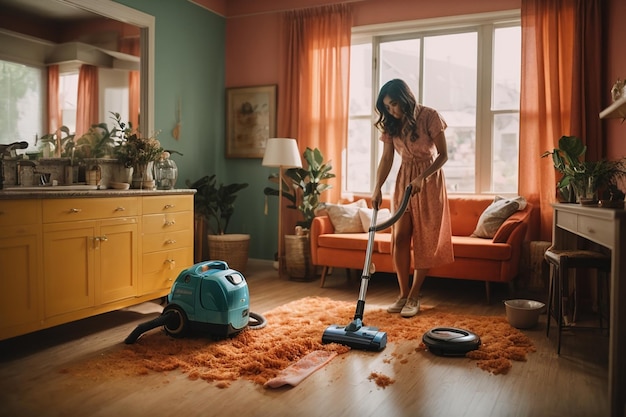 Picture of woman cleaning house using vacuum